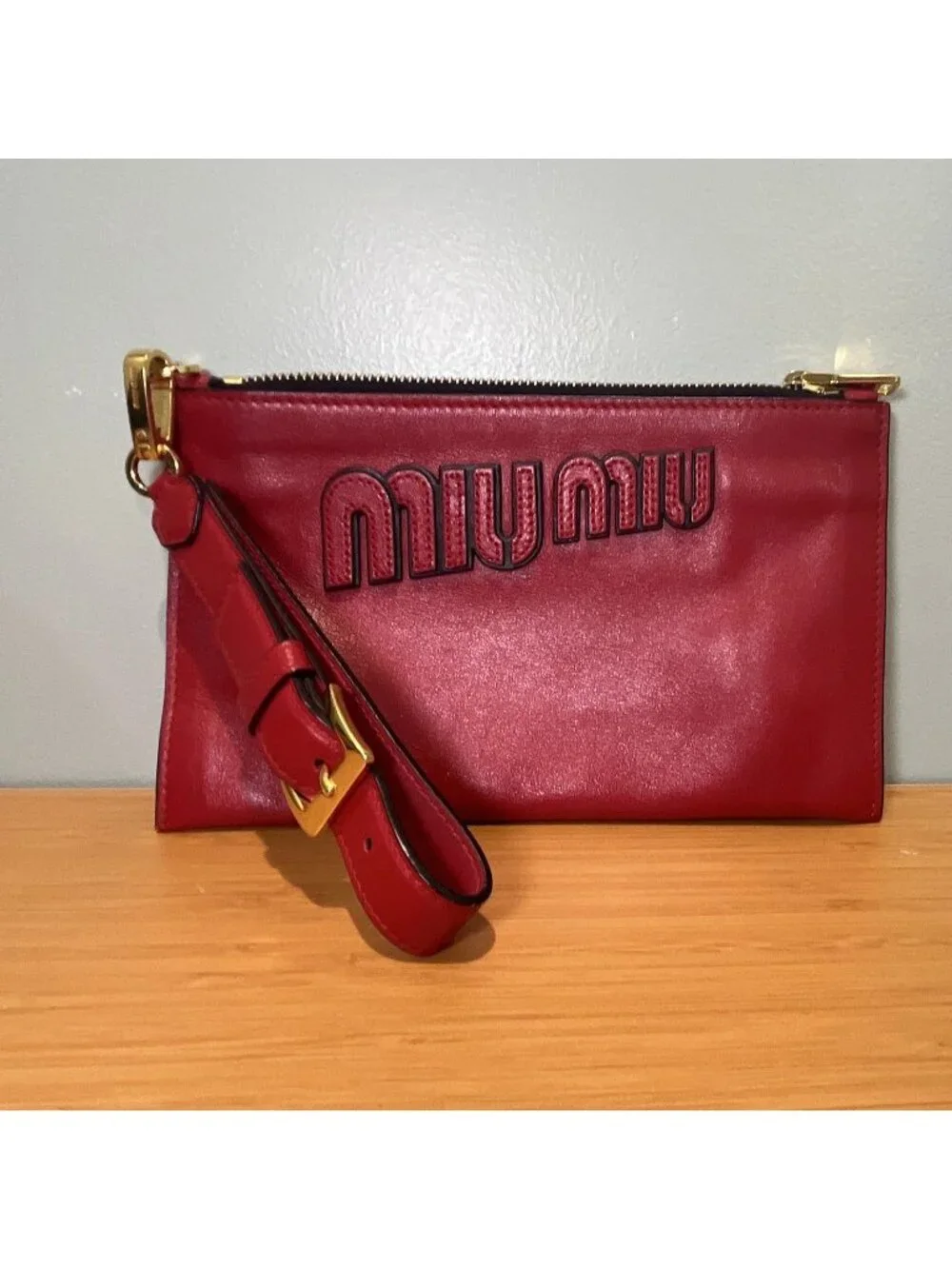 Miu Miu Red Logo Zip Wristlet Clutch Pouch w/ Wrist Strap Gold Hardware